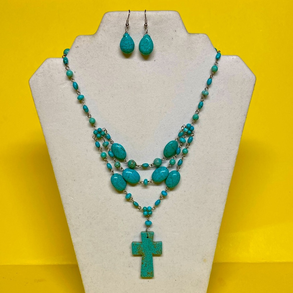 Adjustable turquoise, cross, and bead necklace with earrings